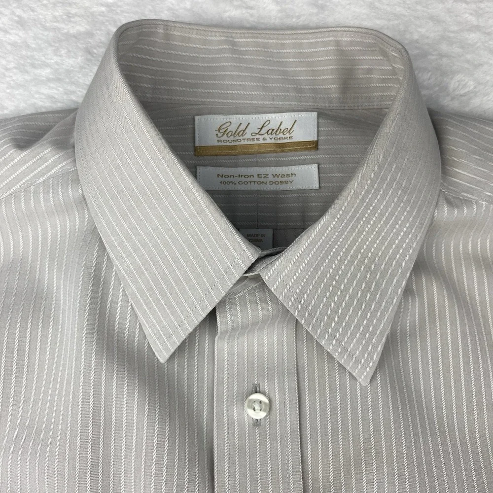 Roundtree & Yorke Gold Label Dress Shirt Mens 16-33 Beige Stripes Non Iron Dobby - Picture 2 of 7
